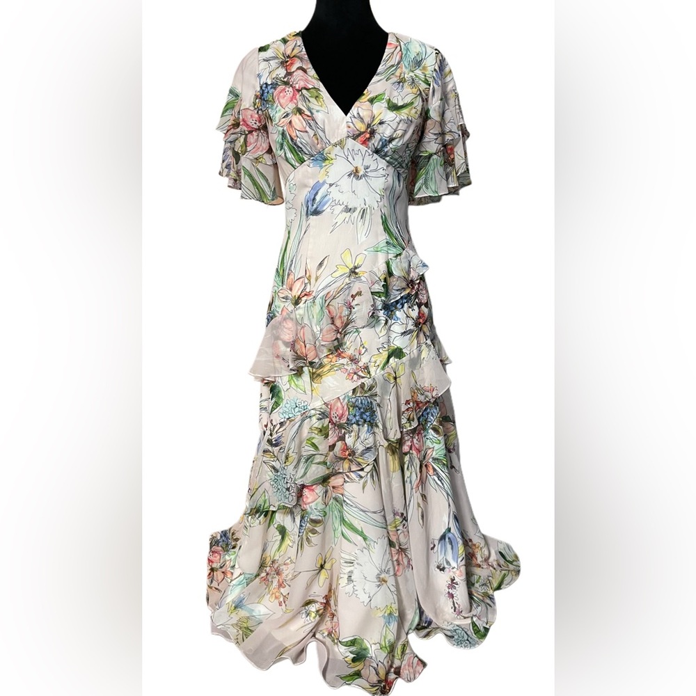 Theia Blush Floral Ruffle Tiered V-Neck Maxi Dress Size 2